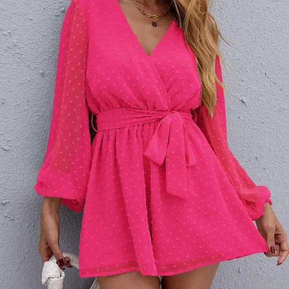 Pink Boho Womens Surplice Neck Lantern Sleeve Belted Swiss Dot Chiffon … - Picture 5 of 5